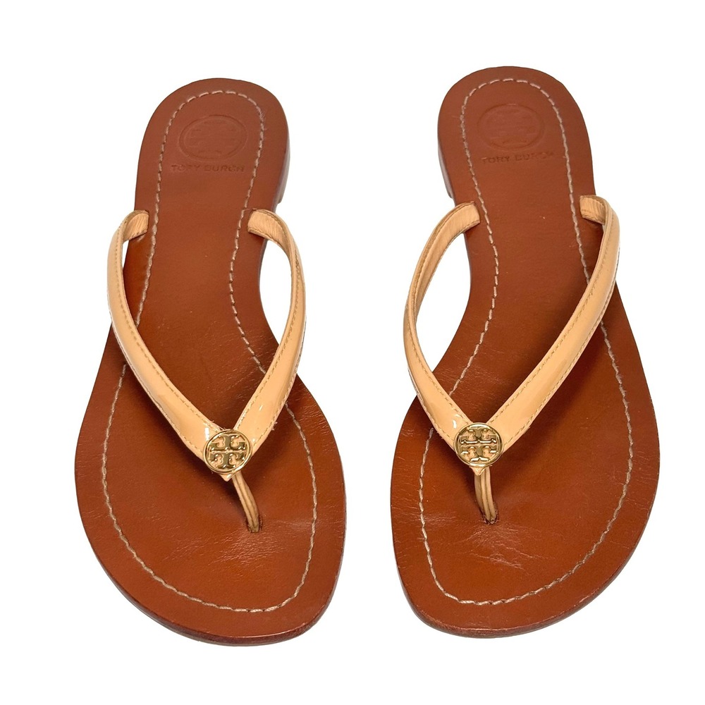 Tory Burch Terra Thong Patent Leather Sandals Nude Gold Logo Flip Flops Flat 7M - Picture 2 of 13